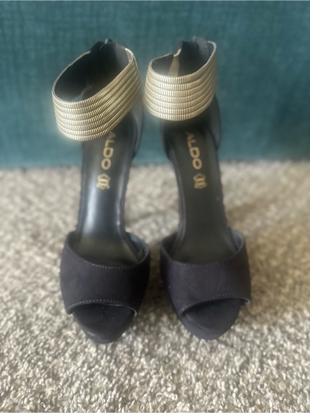 ALDO Black Suede Open-Toe Heels with Gold Coil Ankle Cuff